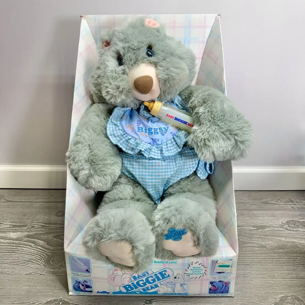 Vintage 1986 AmToy Biggsy Bear Large Blue Bib Plush Stuffed Animal NEW Faded Box